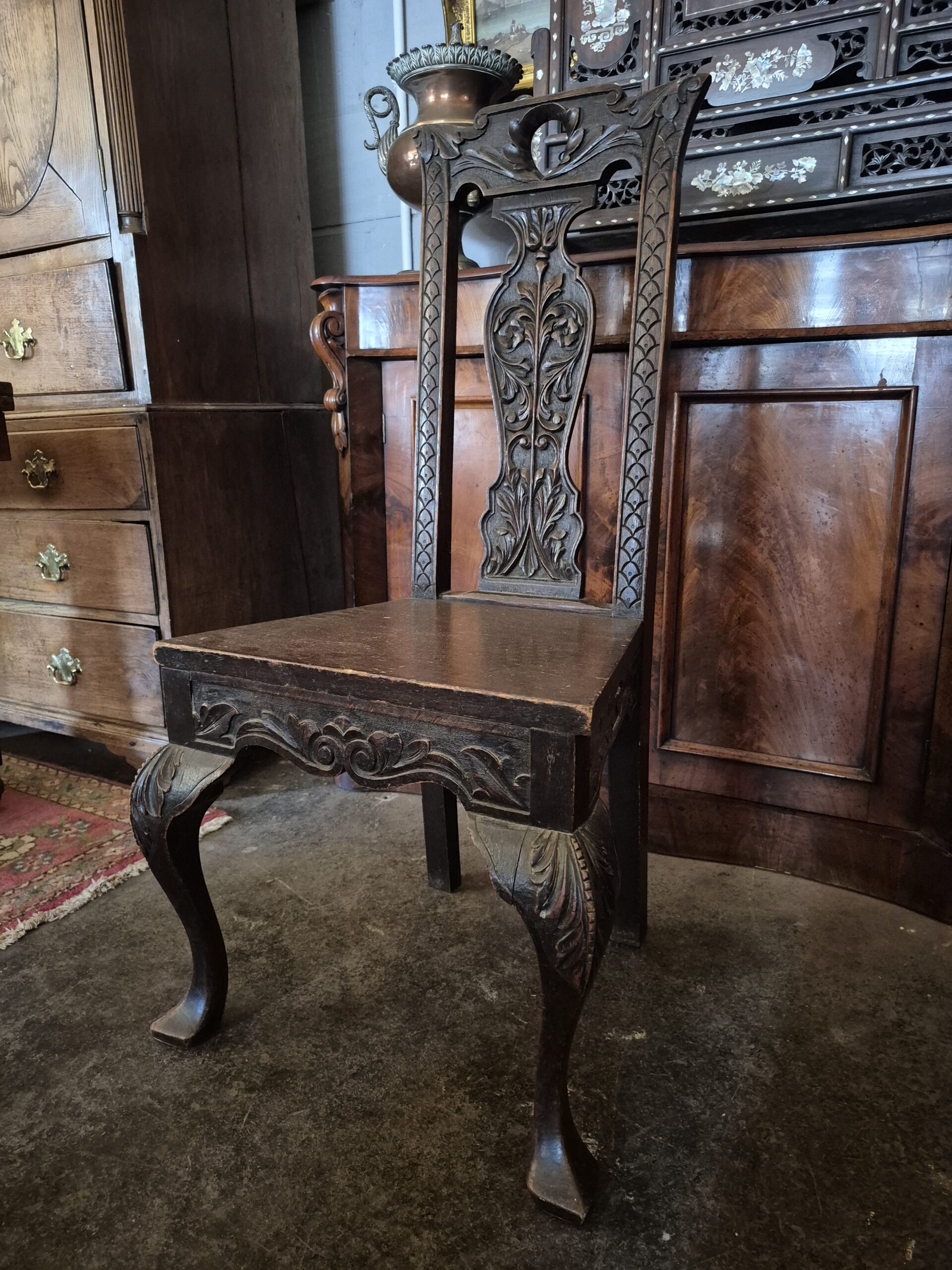 Magestic Antique Floral Relief Carved Splat Back Single Panel Seat Hall Chair Dining Chair - Image 9
