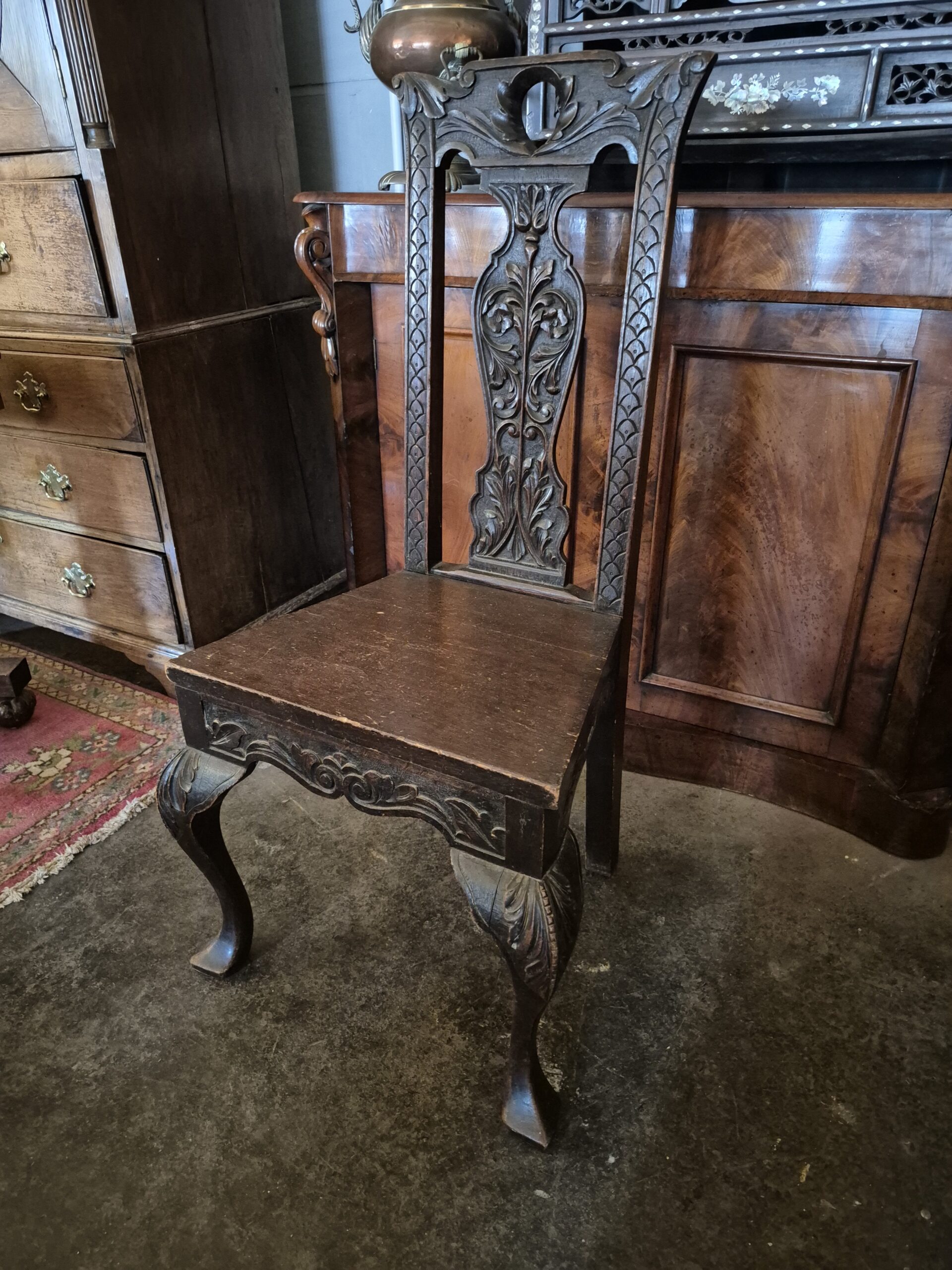 Magestic Antique Floral Relief Carved Splat Back Single Panel Seat Hall Chair Dining Chair - Image 6