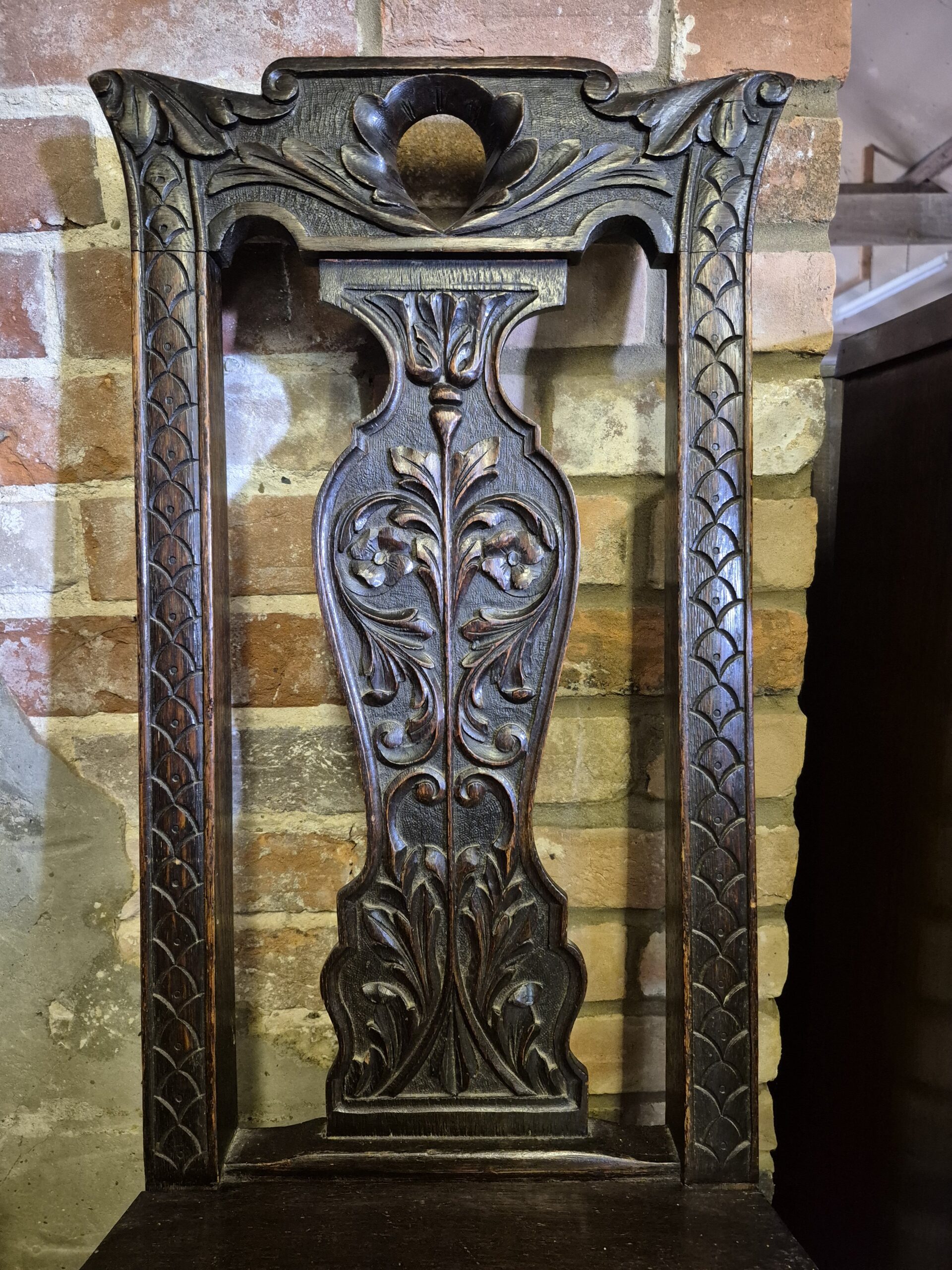 Magestic Antique Floral Relief Carved Splat Back Single Panel Seat Hall Chair Dining Chair - Image 10