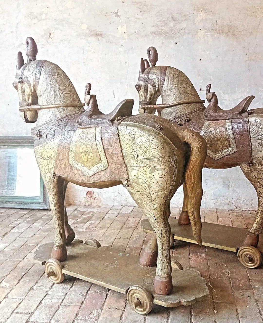 Full Size Antique Rajestahn Wedding/Temple Horses incredible Metalwork - Image 9